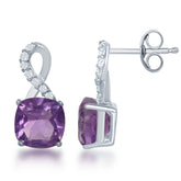 Sterling Silver Small Square Amethyst with White Topaz on Top Earrings